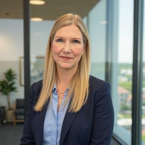 a woman in professional attire in the foreground with a glass office space in the background