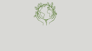 an illustration of two hands holding up the earth with plants and trees growing from it