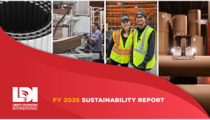 four images appear across the top: a roll, a person working, two people smiling, and a large roll of paper with the txt FY 2026 Sustainability Report below